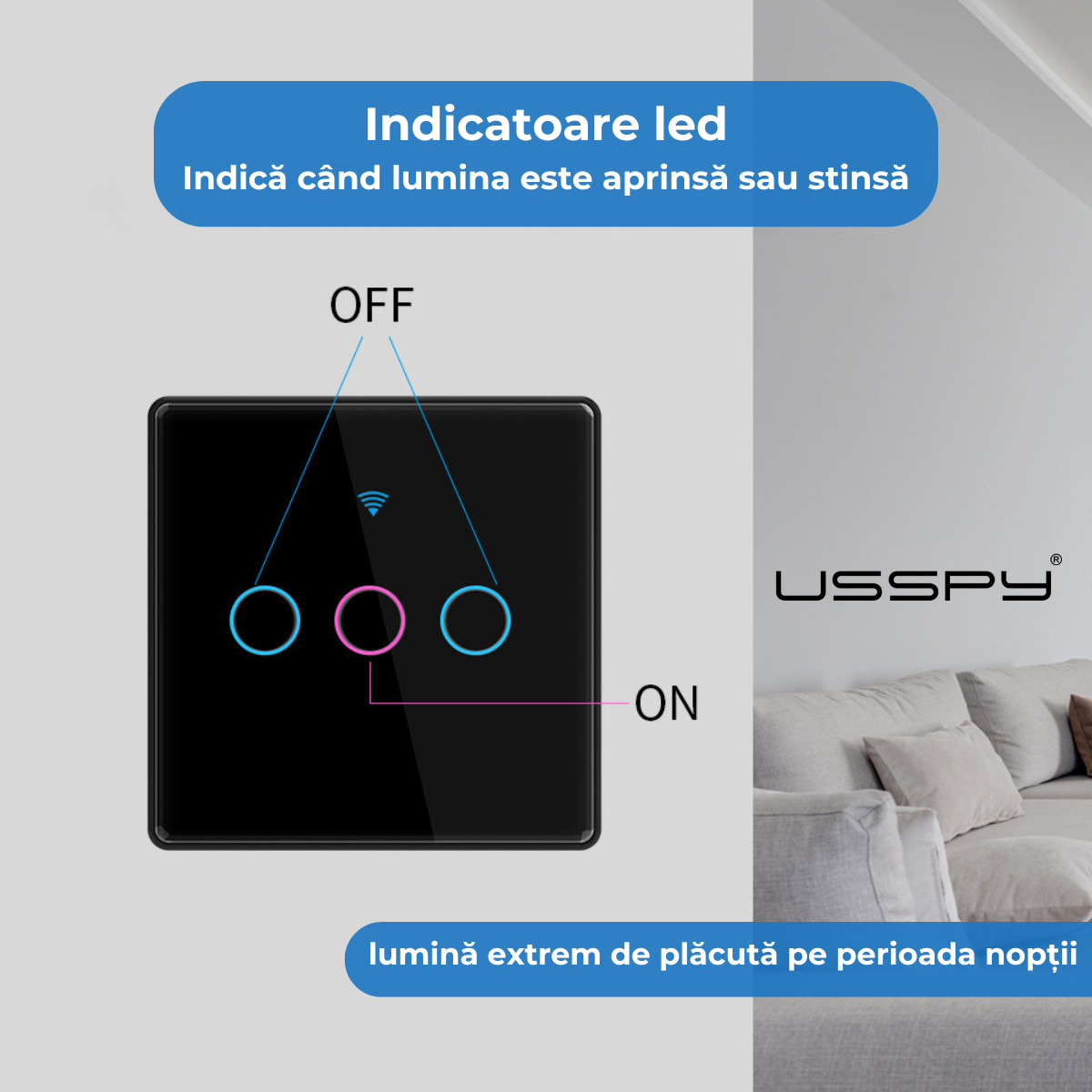 Intrerupator inteligent cu touch, Wifi, 1 canal, 10A, Negru