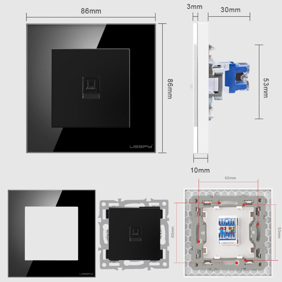 Priza internet cu rama din sticla securizata, USSPY®, RJ45 Cat6, negru