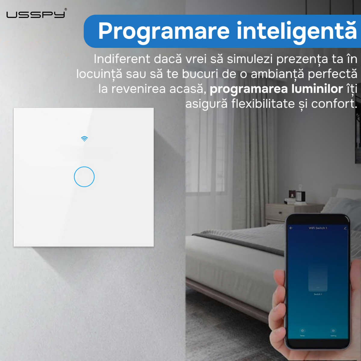 Intrerupator inteligent cu touch, Wifi, 1 canal, 10A, Negru