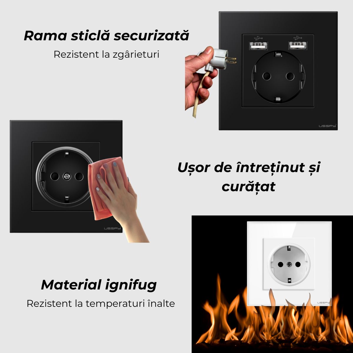 Priza cu rama din sticla securizata cu 2 USB 5V 2.1A, USSPY®, protectie copii, schuko 16A, alb