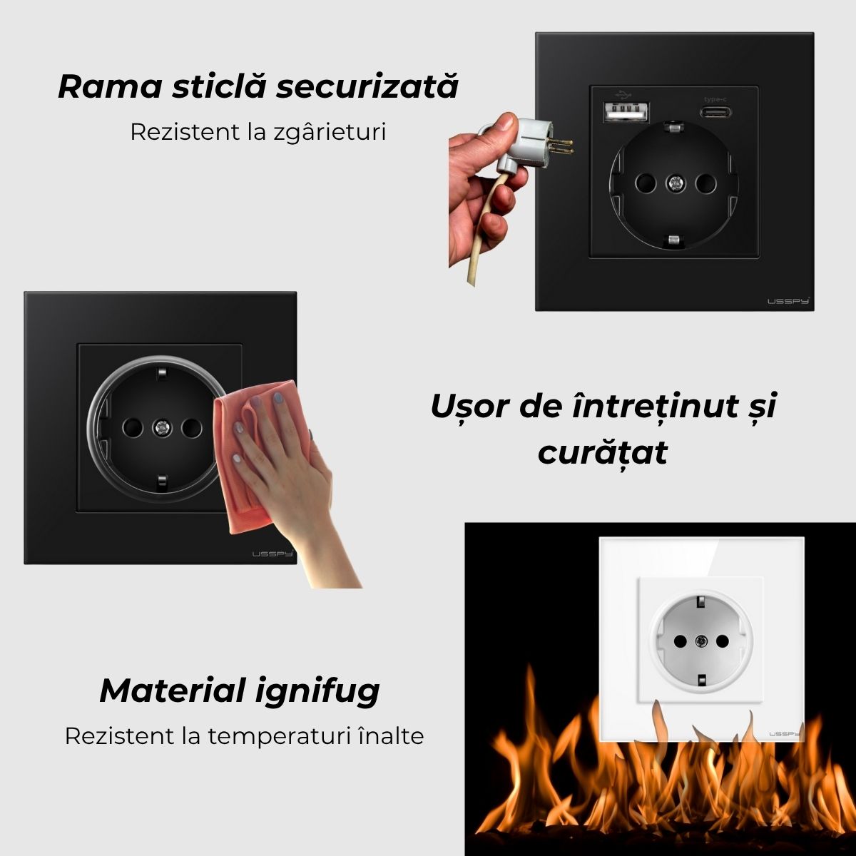 Intrerupator cu variator dimmer, rama sticla securizata, USSPY®, gri