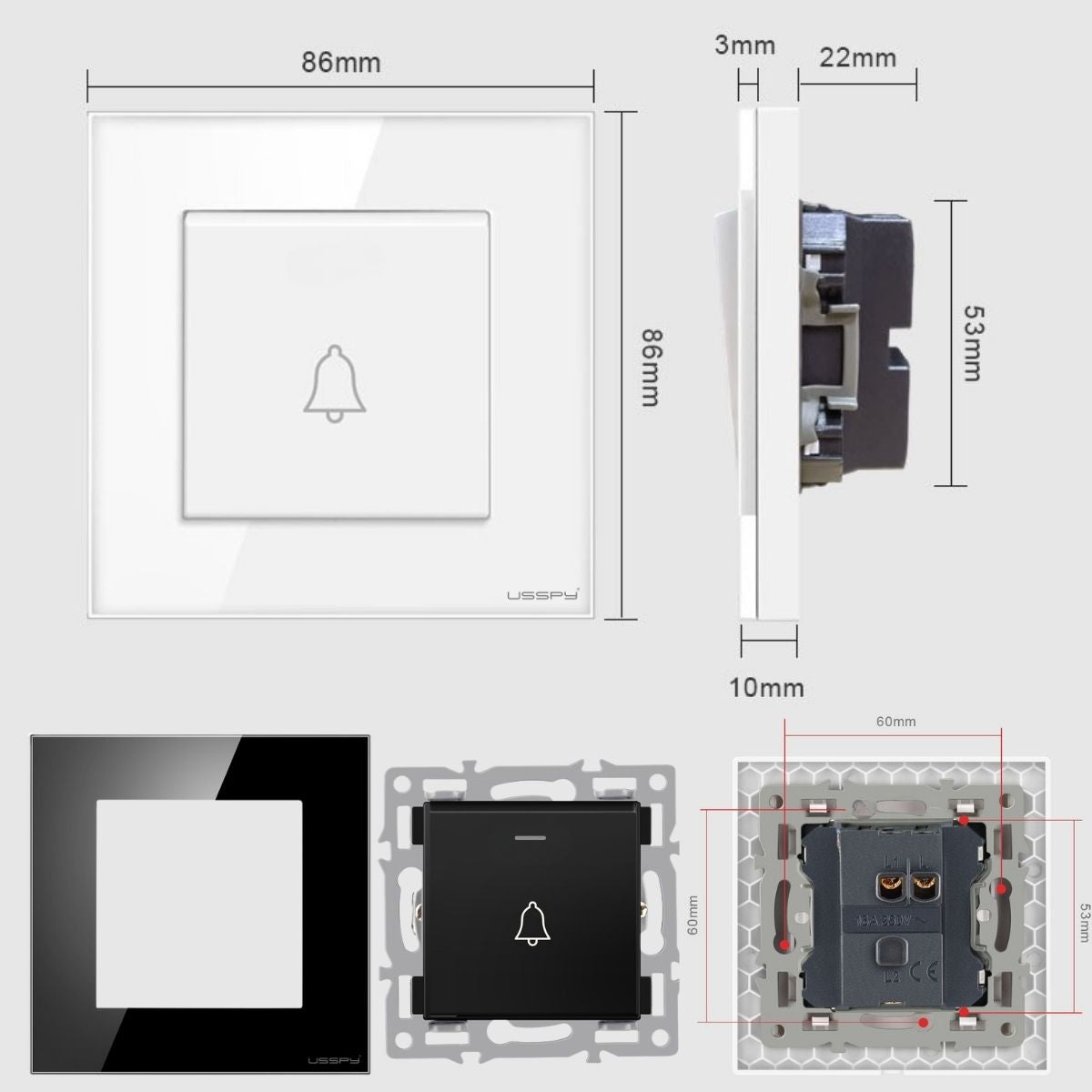 Buton sonerie, rama din sticla securizata, USSPY®, gri