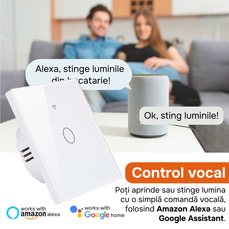 Intrerupator inteligent cu touch, rama sticla, Wifi, Tuya, Smart Life, 1 canal, 10A, Alb