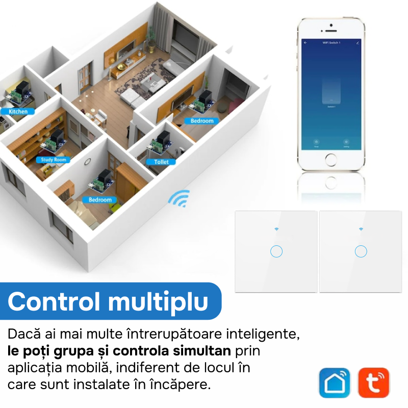 Intrerupator inteligent cu touch, rama sticla, Wifi, Tuya, Smart Life, 2 canale, 10A, Alb