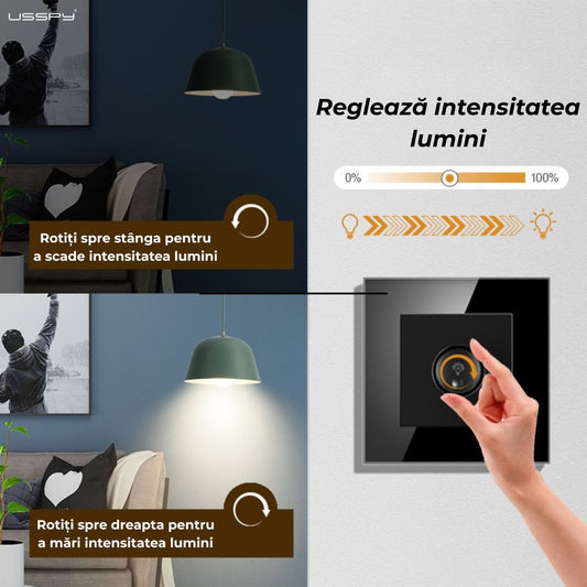 Intrerupator cu variator dimmer, rama sticla securizata, USSPY®, negru