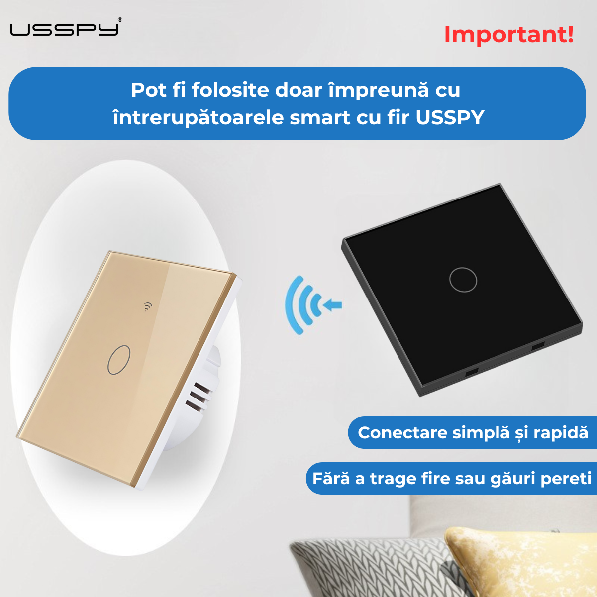 Intrerupator inteligent fara fir cu touch, Wifi, 1 canal, Auriu