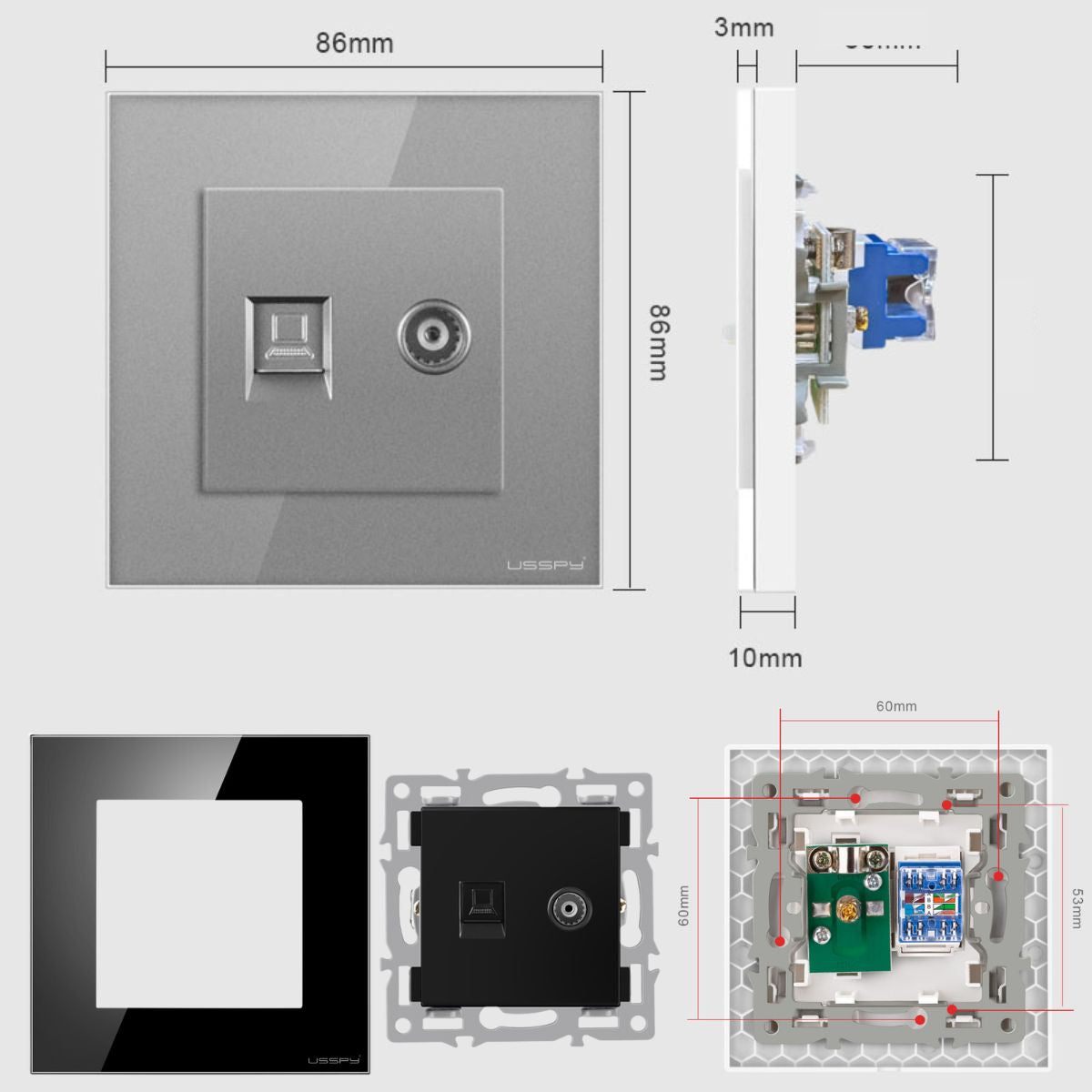 Priza TV + internet cu rama din sticla securizata, USSPY®, RJ45 Cat6, gri