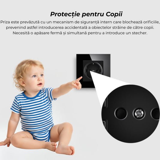 Priza cu rama din sticla securizata, USSPY®, protectie copii, schuko 16A, negru