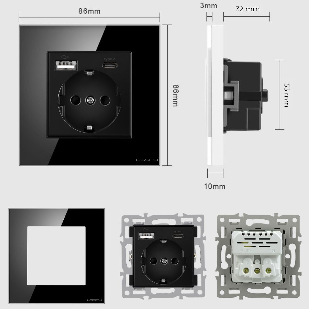 Priza cu rama din sticla securizata cu 2 USB A+C, 5V 2.1A, USSPY®, protectie copii, schuko 16A, alb
