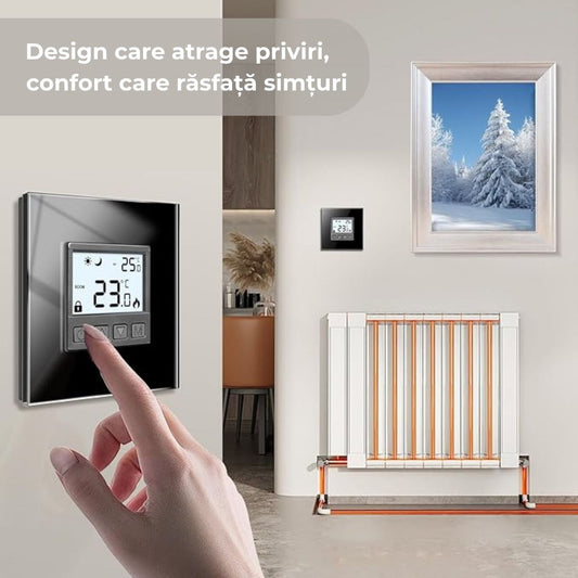 Termostat cu fir USSPY®, rama sticla, ecran iluminat LCD, Auriu