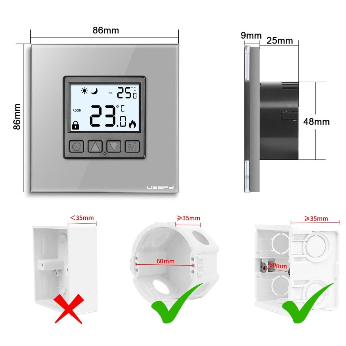 Termostat cu fir USSPY®, rama sticla, ecran iluminat LCD, Gri