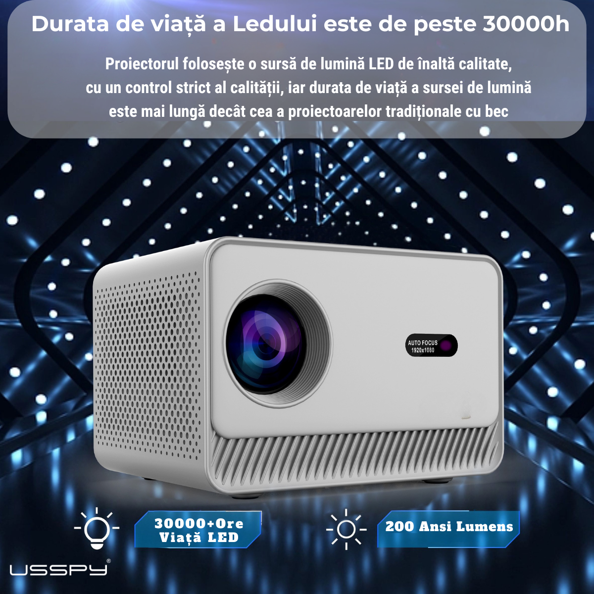 Videoproiector Smart Portabil, 200ANSI lumeni, Android 12, Dual Wi-Fi
