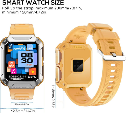 Ceas smartwatch cu casti Bluetooth incorporate, USSPY, ritm cardiac, tensiune arteriala, calorii, monitor de somn, pedometru si tracker de fitness, afisaj HD de 1,96 inchi, portocaliu