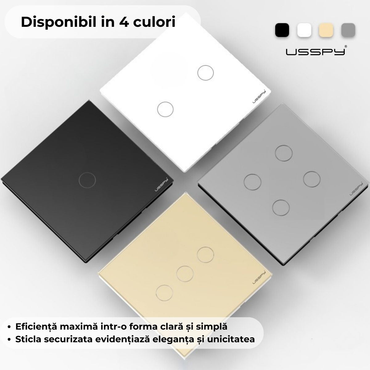 Intrerupator cu variator dimmer digital touch, rama sticla securizata, USSPY®, negru