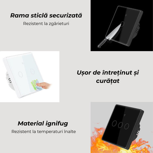 Intrerupator simplu touch, rama sticla securizata, USSPY®, 1 canal, negru