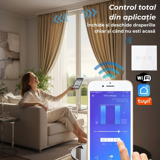 Intrerupator cu touch draperii, rulouri, jaluzele, USSPY®, sticla securizata, Wifi, 1500W, Tuya, Smart Life, negru