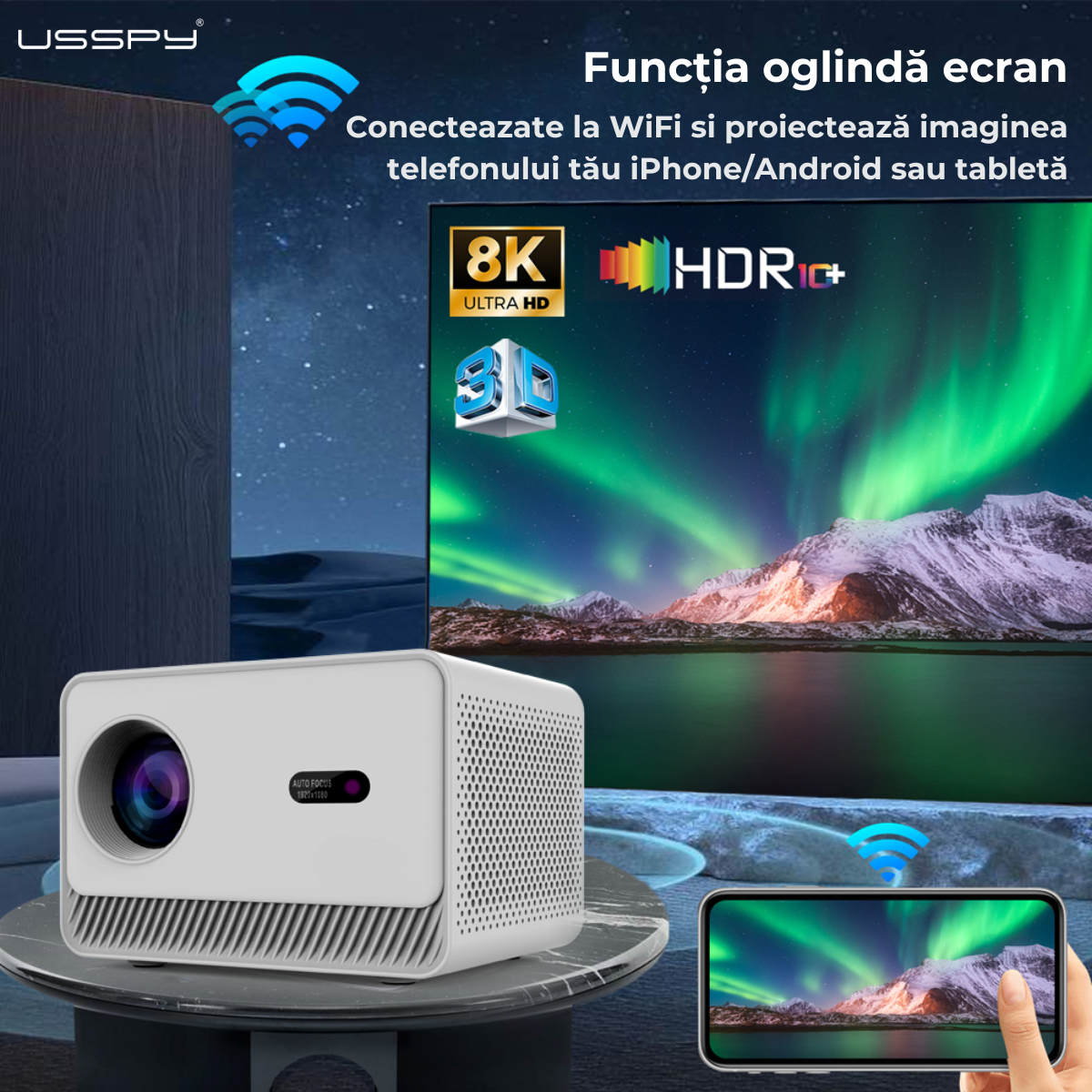 Videoproiector Smart Portabil, 200ANSI lumeni, Android 12, Dual Wi-Fi
