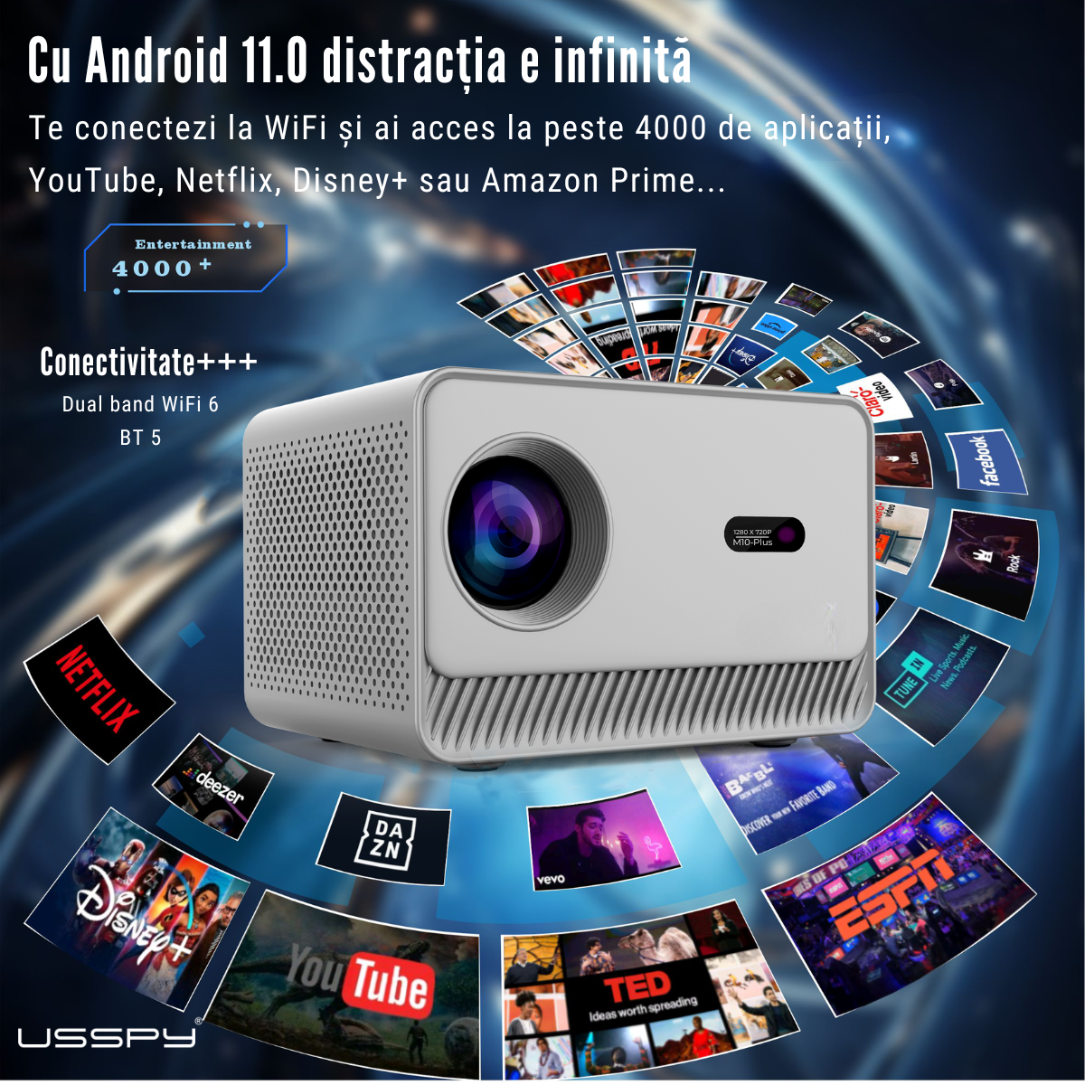 Videoproiector Smart Portabil, 200ANSI lumeni, Android 12, Dual Wi-Fi
