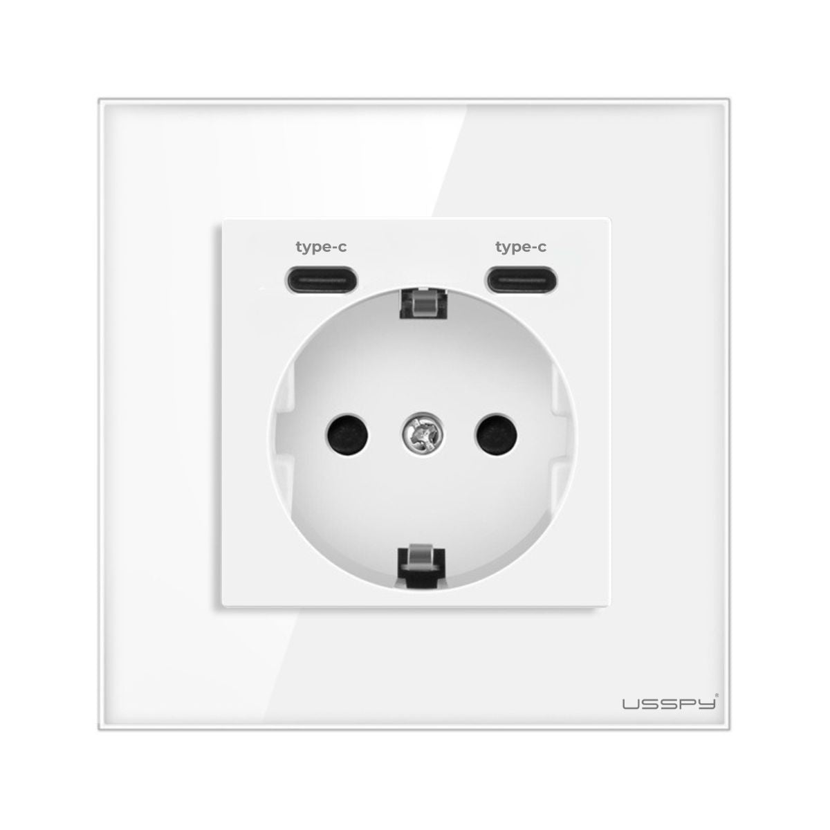 Priza cu rama din sticla securizata cu 2 USB Type-C, 5V 2.1A, USSPY®, protectie copii, schuko 16A, alb