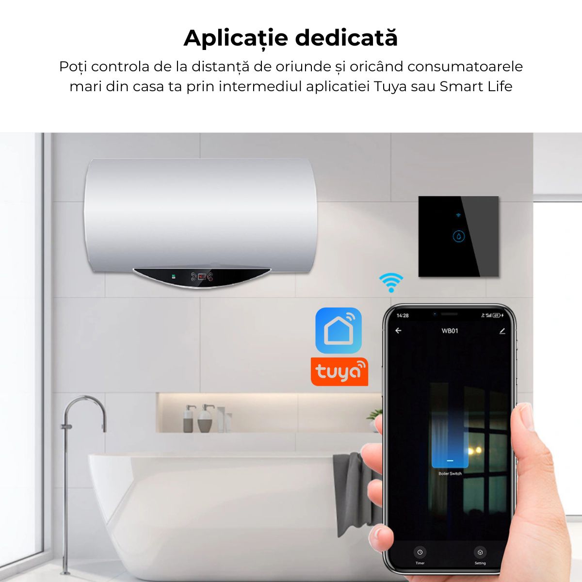Intrerupator inteligent cu touch de putere 40A, USSPY®, smart home, Wifi, rama sticla securizata, Tuya, Smart Life, gri