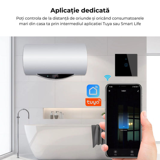 Intrerupator inteligent cu touch de putere 40A, USSPY®, smart home, Wifi, rama sticla securizata, Tuya, Smart Life, negru