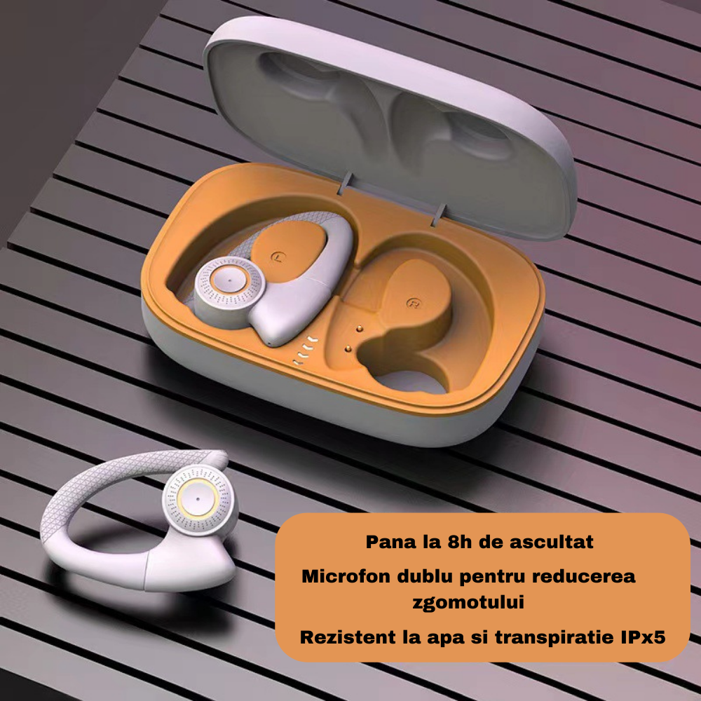 Casti Wireless fara fir T10, Sport, Bluetooth v5.0, cu Microfon, Control prin Atingere, Afisaj LED, Reducere Zgomot, Rezistente la Apa, Universale, Alb Portocaliu