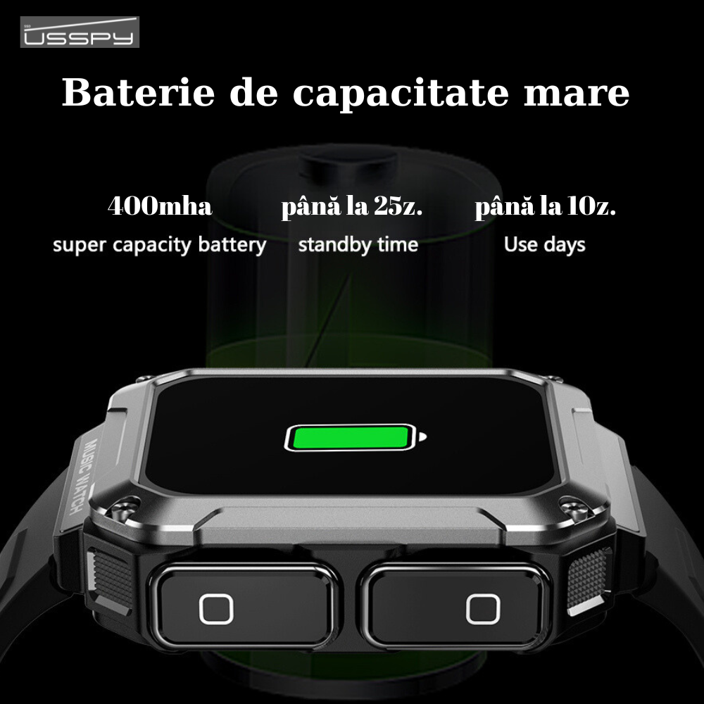 Ceas smartwatch cu casti Bluetooth incorporate, USSPY, ritm cardiac, tensiune arteriala, calorii, monitor de somn, pedometru si tracker de fitness, afisaj HD de 1,96 inchi, portocaliu