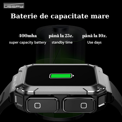 Ceas smartwatch cu casti Bluetooth incorporate, USSPY, ritm cardiac, tensiune arteriala, calorii, monitor de somn, pedometru si tracker de fitness, afisaj HD de 1,96 inchi, portocaliu