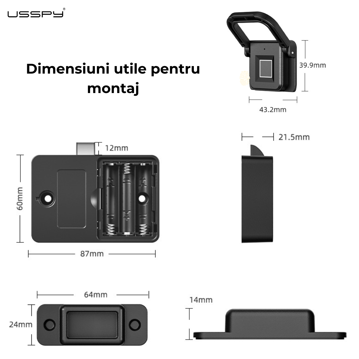 Incuietoare inteligenta cu amprenta digitala, USSPY® F007, pentru sertar, vestiar, mobilier, reincarcabila prin USB Type-C, 20 amprente, recunoastere rapida