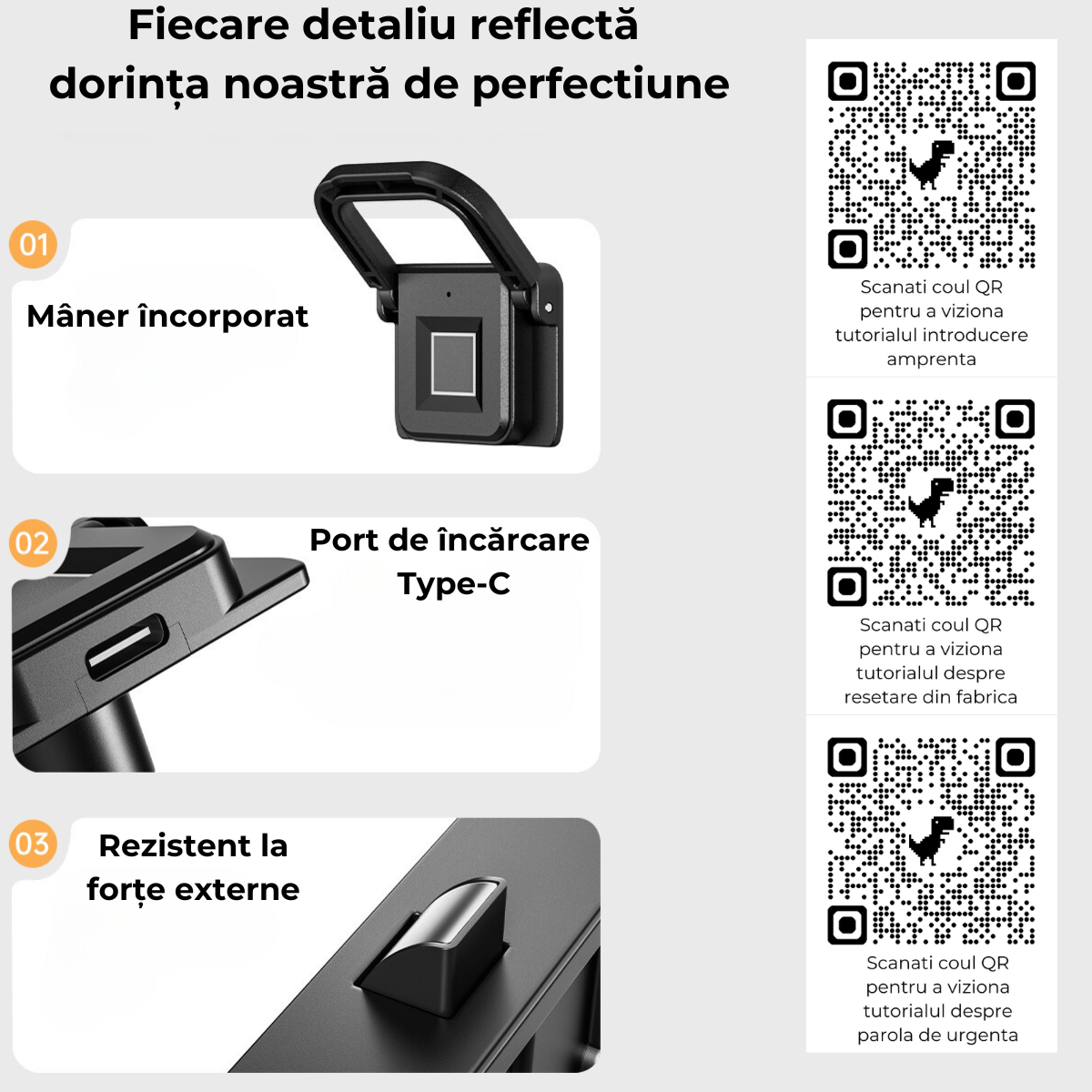 Incuietoare inteligenta cu amprenta digitala, USSPY® F007, pentru sertar, vestiar, mobilier, reincarcabila prin USB Type-C, 20 amprente, recunoastere rapida