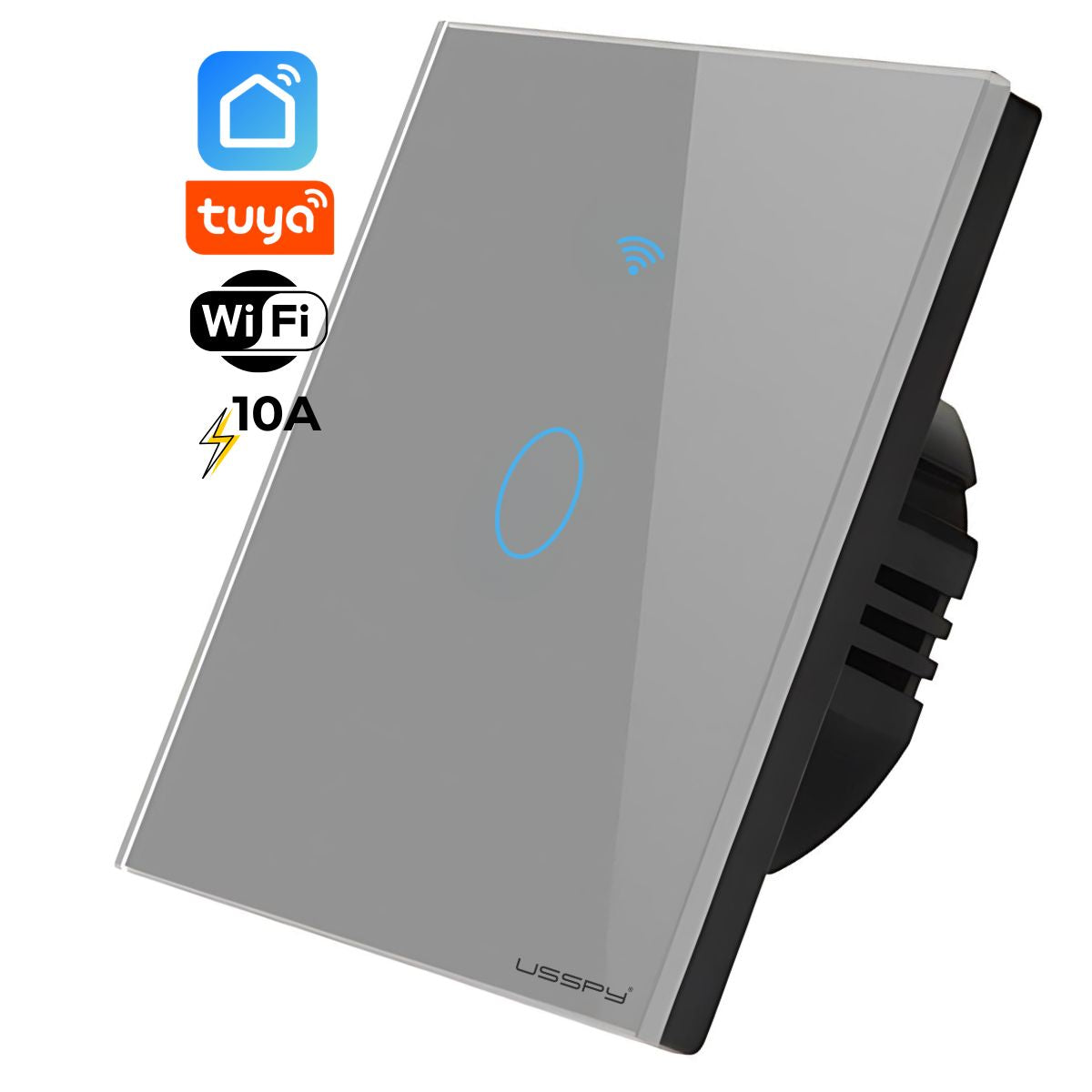 Intrerupator inteligent cu touch, rama sticla, Wifi, Tuya, Smart Life, 1 canal, 10A, Gri