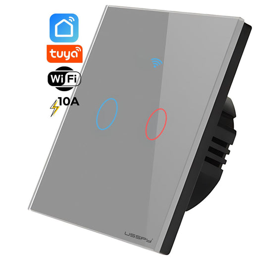 Intrerupator inteligent cu touch, rama sticla, Wifi, Tuya, Smart Life, 2 canale, 10A, Gri
