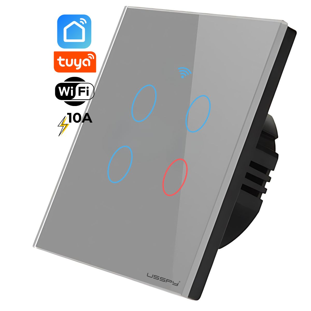 Intrerupator inteligent cu touch, rama sticla, Wifi, Tuya, Smart Life, 4 canale, 10A, gri