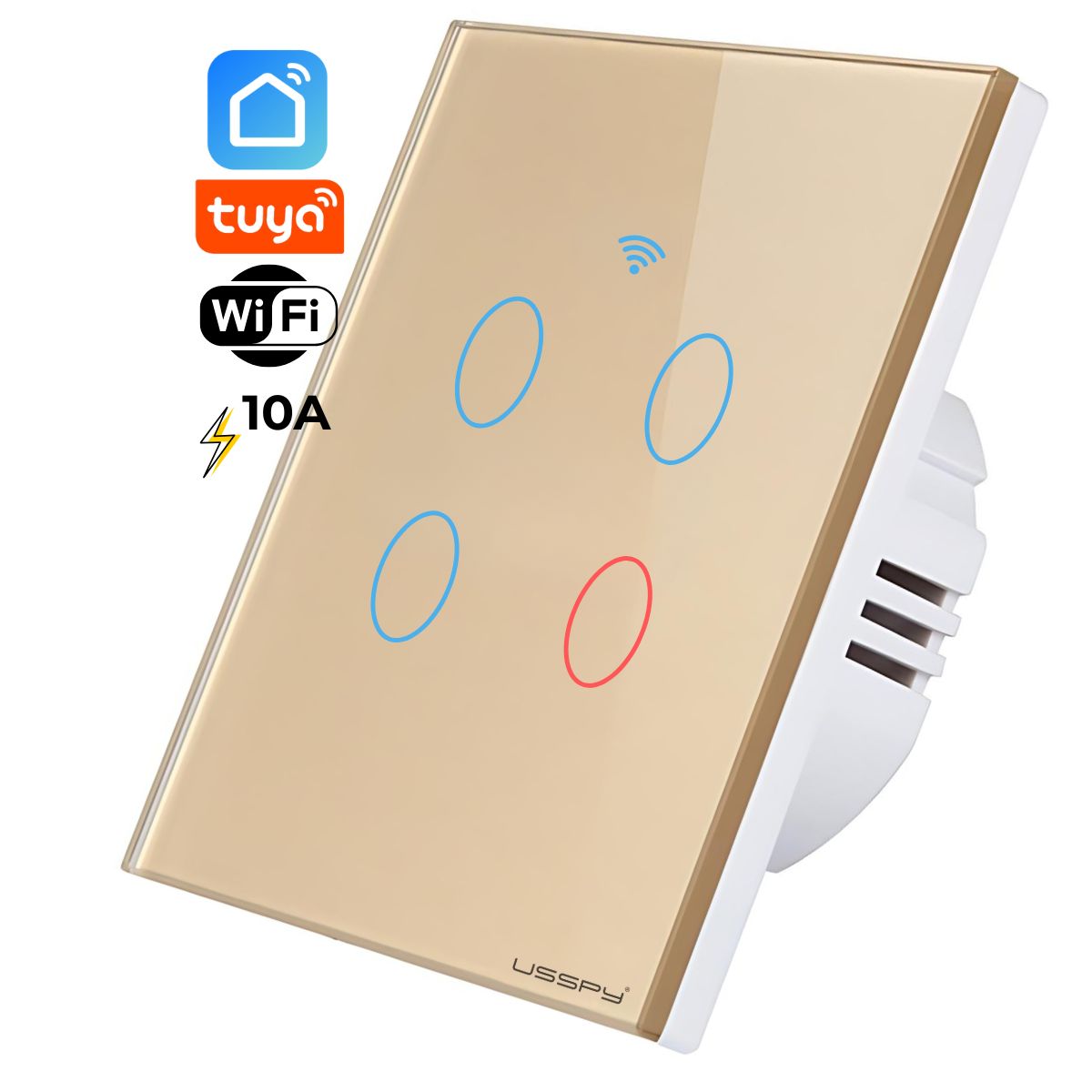 Intrerupator inteligent cu touch, rama sticla, Wifi, Tuya, Smart Life, 4 canale, 10A, auriu