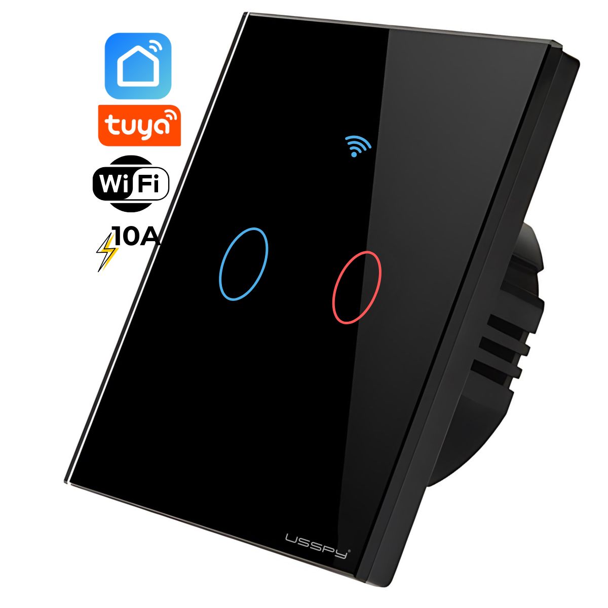 Intrerupator inteligent cu touch, rama sticla, Wifi, Tuya, Smart Life, 2 canale, 10A, Negru