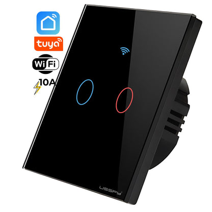 Intrerupator inteligent cu touch, rama sticla, Wifi, Tuya, Smart Life, 2 canale, 10A, Negru