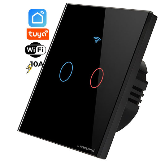 Intrerupator inteligent cu touch, rama sticla, Wifi, Tuya, Smart Life, 2 canale, 10A, Negru