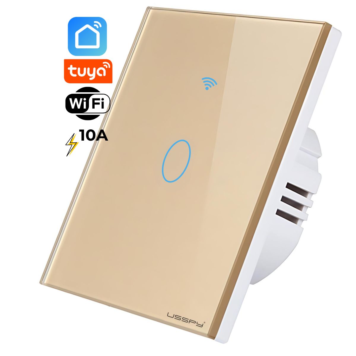 Intrerupator inteligent cu touch, rama sticla, Wifi, Tuya, Smart Life, 1 canal, 10A, Auriu