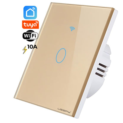 Intrerupator inteligent cu touch, rama sticla, Wifi, Tuya, Smart Life, 1 canal, 10A, Auriu