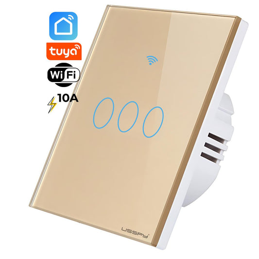 Intrerupator inteligent cu touch, Wifi, 3 canale, 10A, Auriu