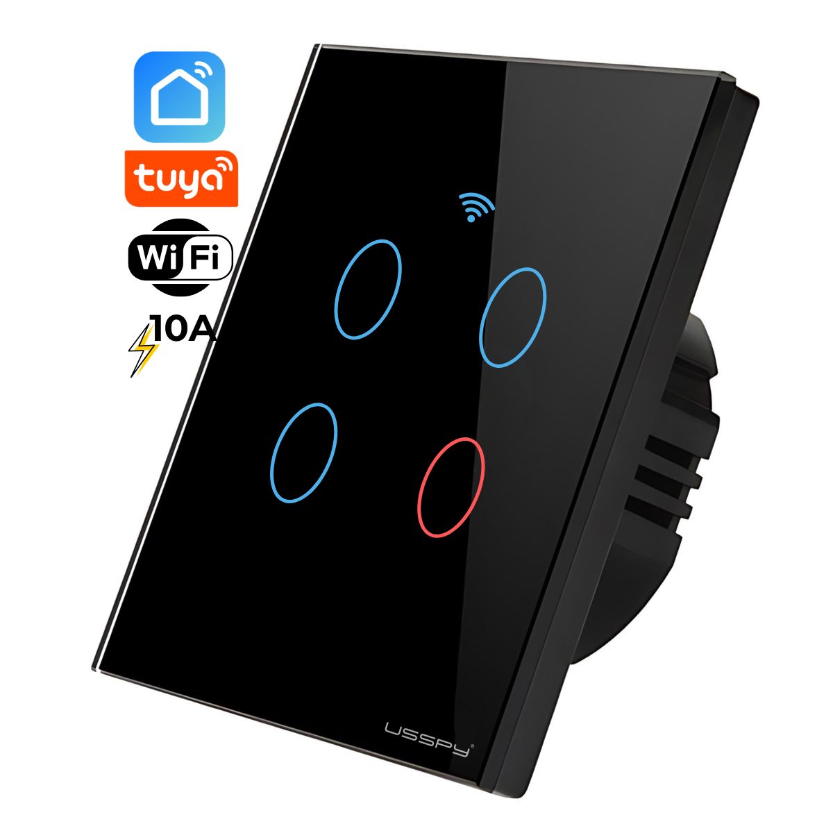 Intrerupator inteligent cu touch, rama sticla, Wifi, Tuya, Smart Life, 4 canale, 10A, negru