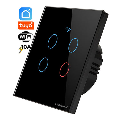 Intrerupator inteligent cu touch, rama sticla, Wifi, Tuya, Smart Life, 4 canale, 10A, negru