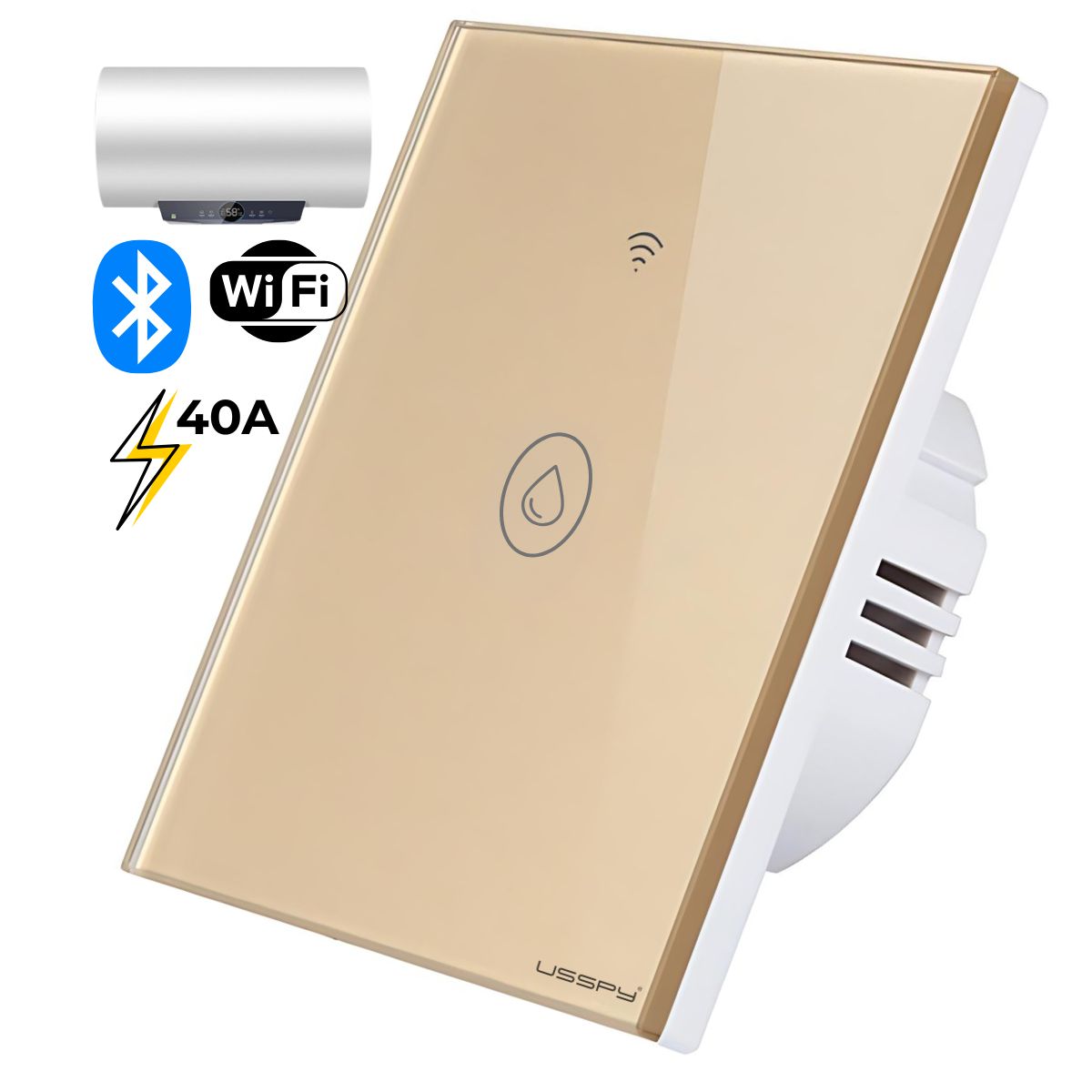 Intrerupator inteligent cu touch de putere 40A, USSPY®, smart home, Wifi, rama sticla securizata, Tuya, Smart Life, auriu