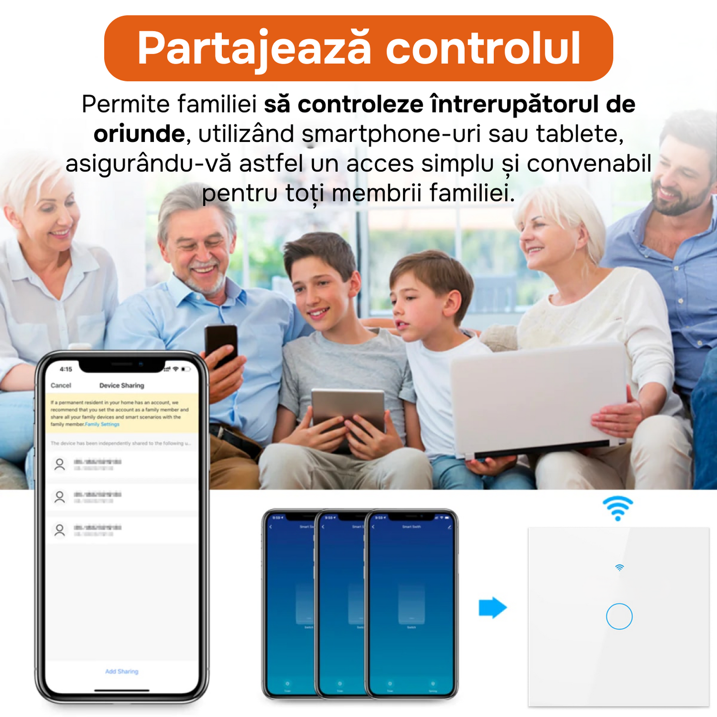 Intrerupator inteligent cu touch, Wifi, 1 canal, 10A, Negru