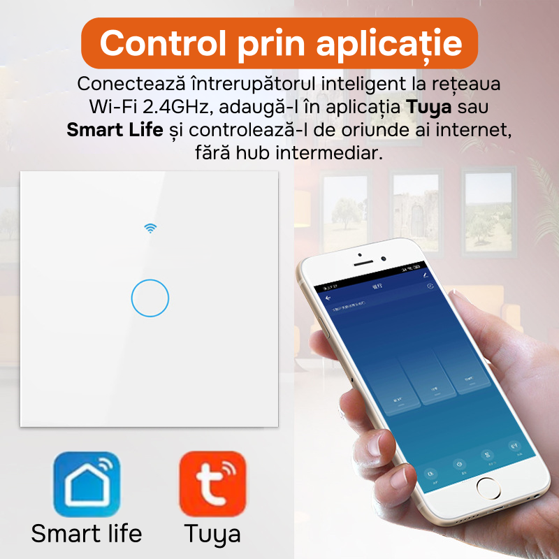 Intrerupator inteligent cu touch, Wifi, 1 canal, 10A, Negru