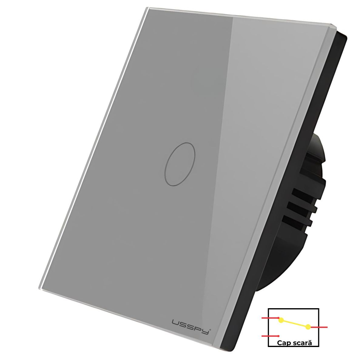 Intrerupator simplu touch, cap scara, rama sticla securizata, USSPY®, 1 canal, gri