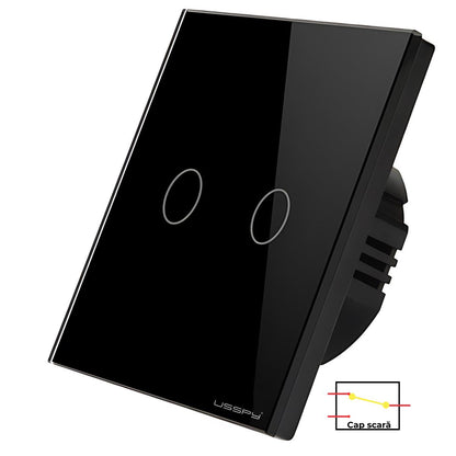 Intrerupator simplu touch, cap scara, rama sticla securizata, USSPY®, 2 canale, negru
