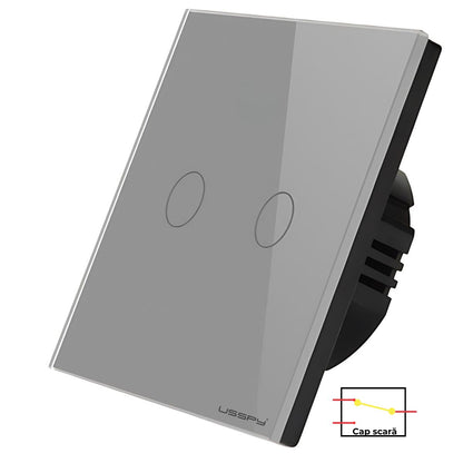 Intrerupator simplu touch, cap scara, rama sticla securizata, USSPY®, 2 canale, gri