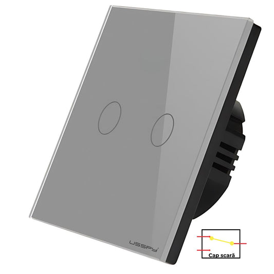 Intrerupator simplu touch, cap scara, rama sticla securizata, USSPY®, 2 canale, gri
