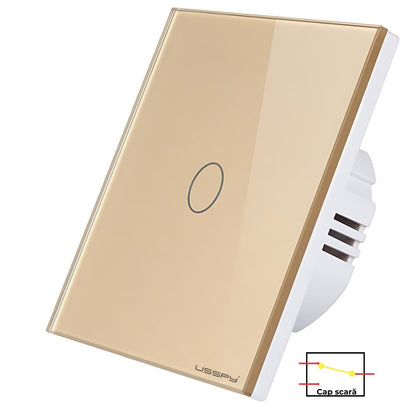 Intrerupator simplu touch, cap scara, rama sticla securizata, USSPY®, 1 canal, auriu
